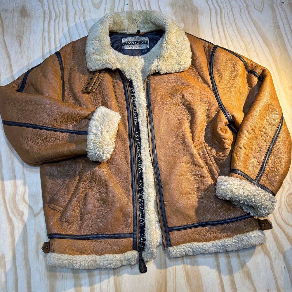 Walter Davoucci New York Genuine Shearling Leather Bomber Jacket Brown Size 3XL